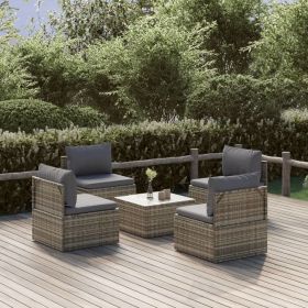 5 Piece Patio Lounge Set with Cushions Gray Poly Rattan (Color: Gray)