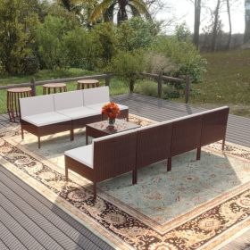 8 Piece Patio Lounge Set with Cushions Poly Rattan Brown (Color: Brown)